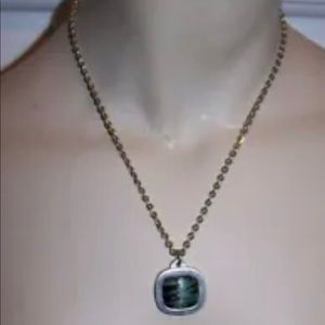 Gorgeous  Necklace w/ Green & Black Marbled Square Pendant